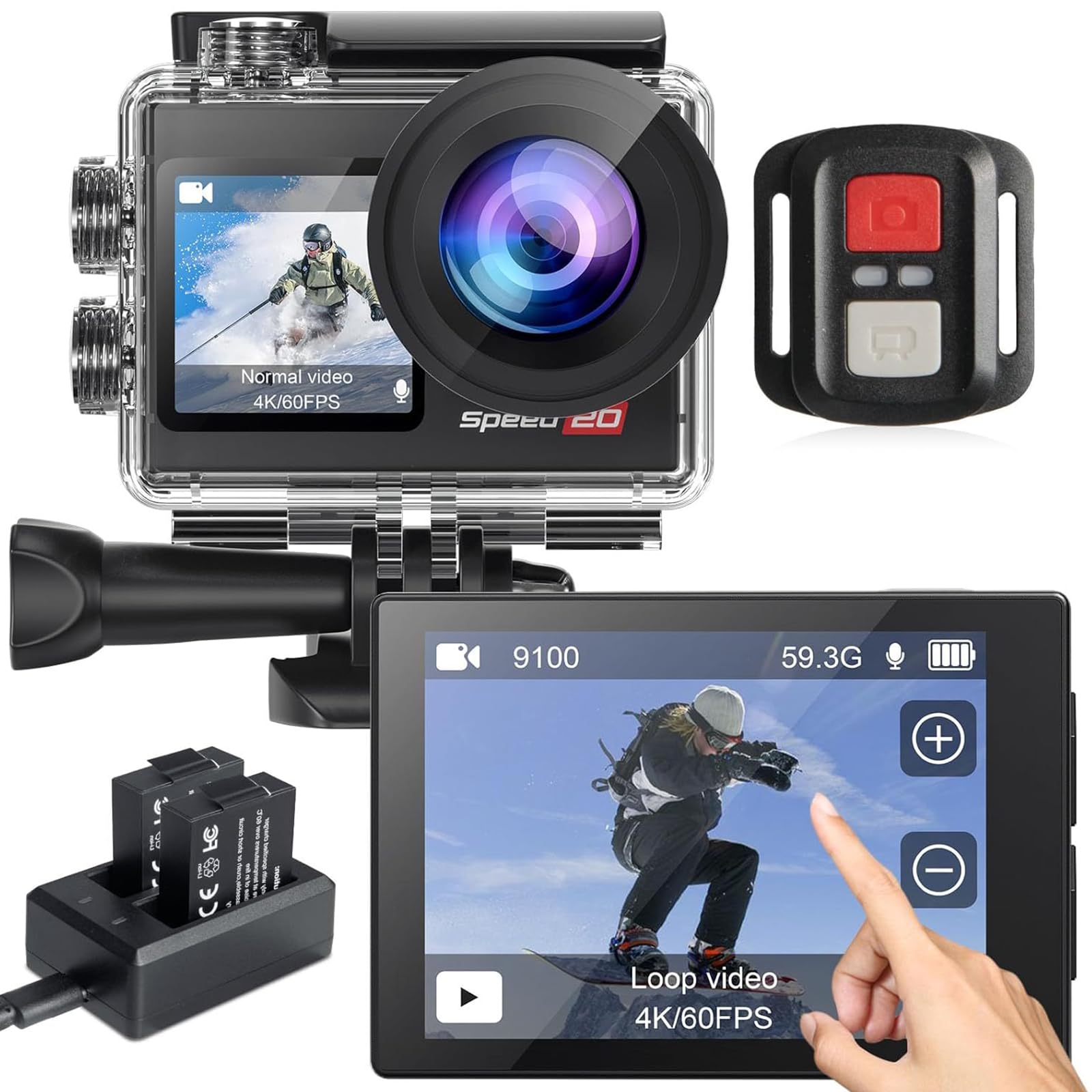 Action Camera 4K 60FPS with Touch Screen 20MP Waterproof Camera Underwater 131FT with EIS for Snorkeling Helmet Bike 170° Wide Angle Remote WiFi 5XZoom